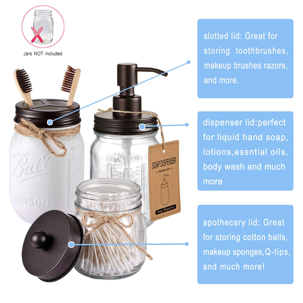 Mason Jar Bathroom Accessories Lids Set(4Pcs) - Jar Not Included - Soap Dispenser,Toothbrush Holder, Apothecary Storage Jars Lid